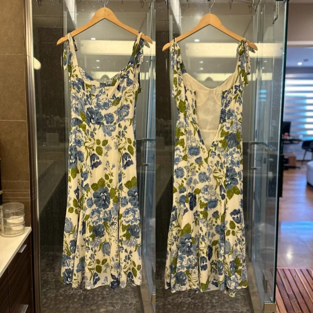 REFORMATION Nadira Lucca Floral Pattern Sleeveless Midi Dress (Blue/Cream/Green) - Picture 8 of 16